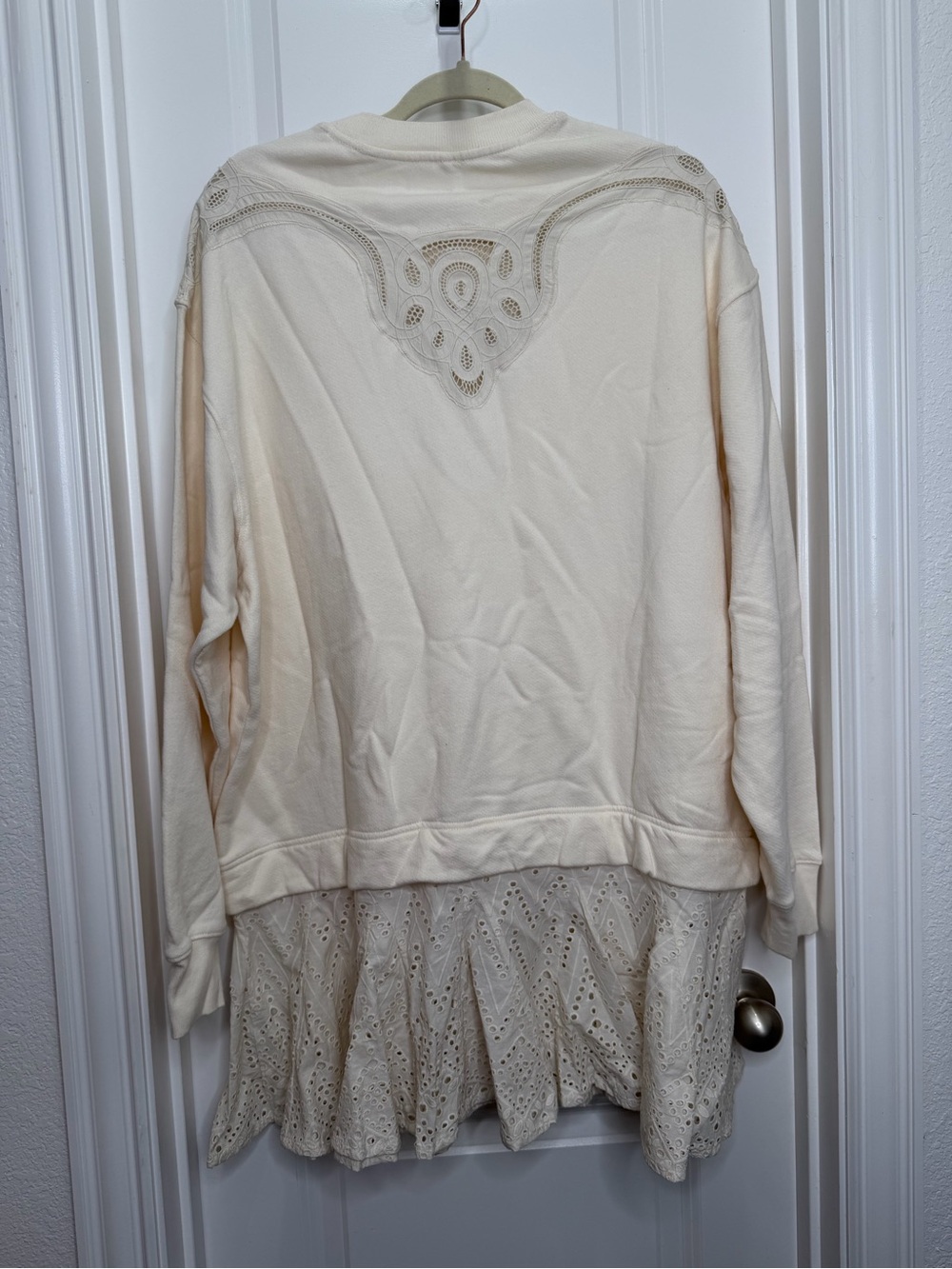 Free People Prairie Sweatshirt Tunic Dress Eyelet Lace Swing Hem Ivory Sz Small - Picture 8 of 9